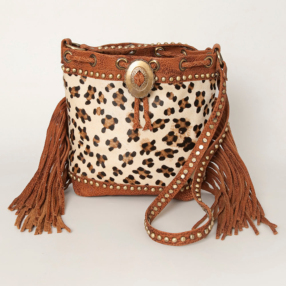 ADBGI102 Studded Leather Fringe Crossbody Bucket Bag - Western Cowhide Style