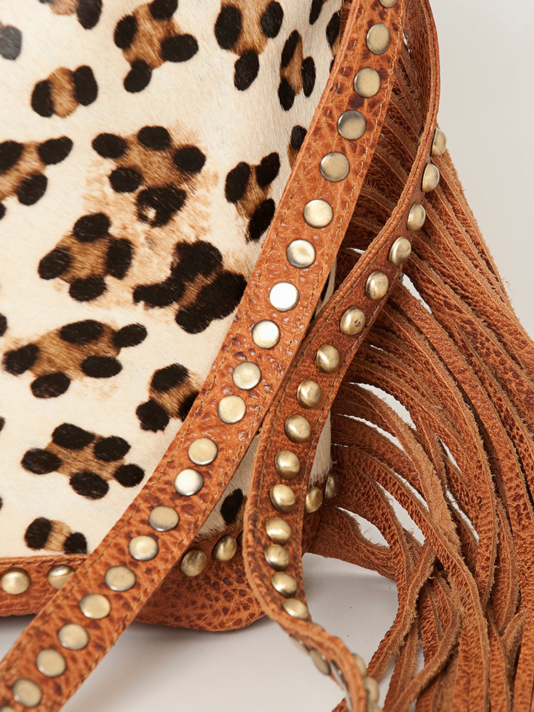 ADBGI102 Studded Leather Fringe Crossbody Bucket Bag - Western Cowhide Style