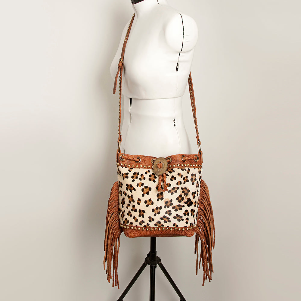 ADBGI102 Studded Leather Fringe Crossbody Bucket Bag - Western Cowhide Style