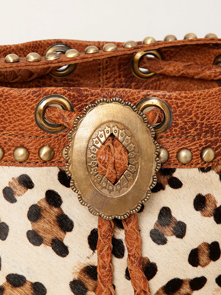 ADBGI102 Studded Leather Fringe Crossbody Bucket Bag - Western Cowhide Style