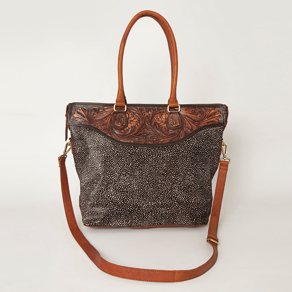 ADBGI105 Western Tote Bag - Genuine Leather & Hair-On Hide with Tooled Detailing