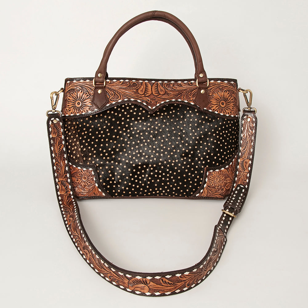 ADBGI141 Hand-Tooled Cowhide Leather Western Tote - Floral Tooled Hair-On Bag