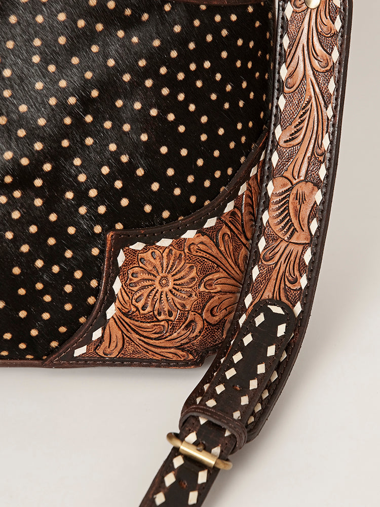 ADBGI141 Hand-Tooled Cowhide Leather Western Tote - Floral Tooled Hair-On Bag
