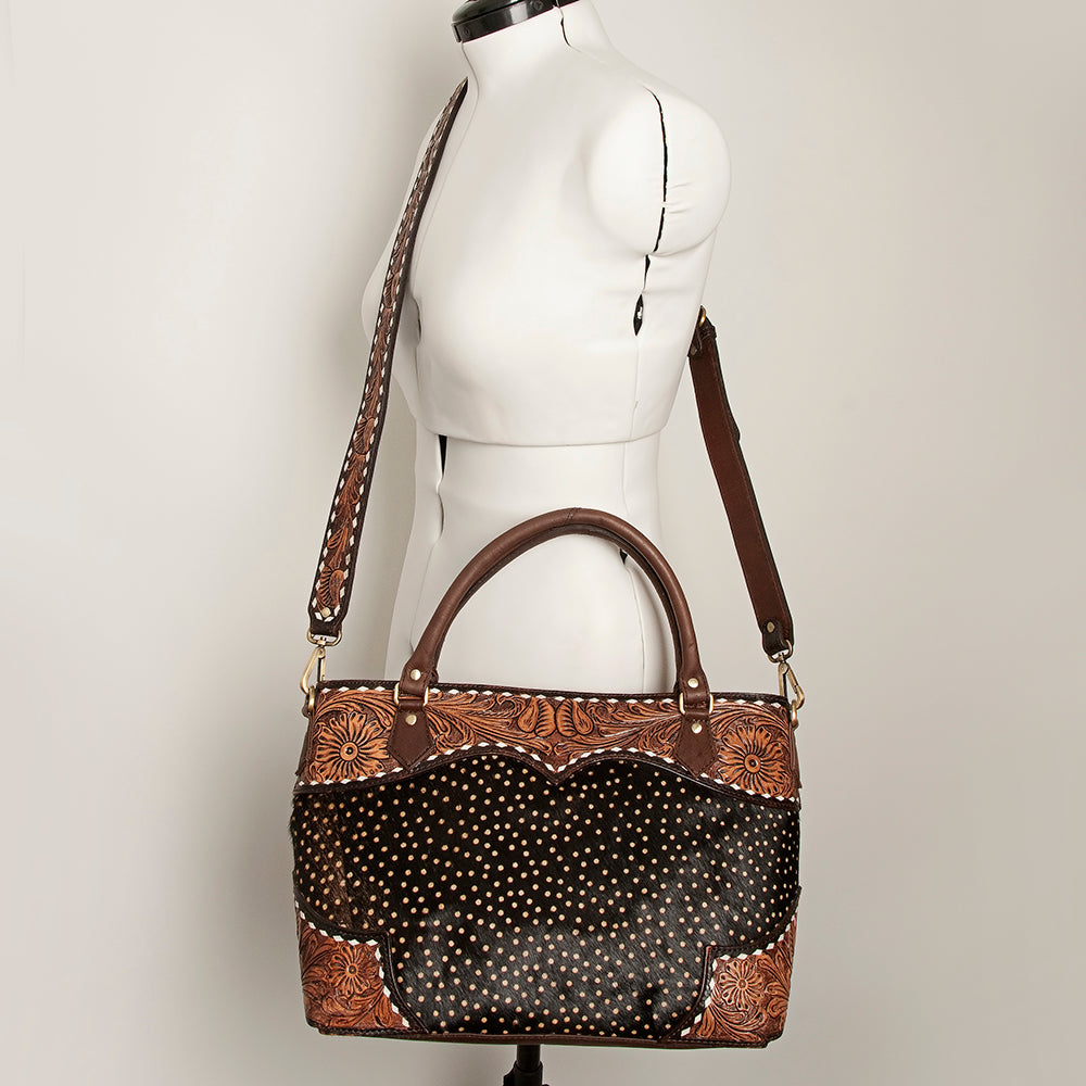 ADBGI141 Hand-Tooled Cowhide Leather Western Tote - Floral Tooled Hair-On Bag