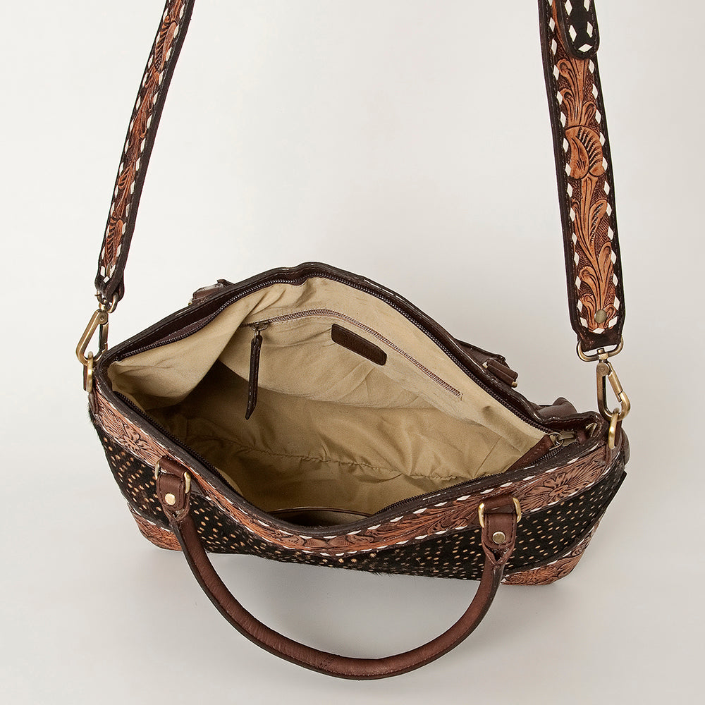 ADBGI141 Hand-Tooled Cowhide Leather Western Tote - Floral Tooled Hair-On Bag