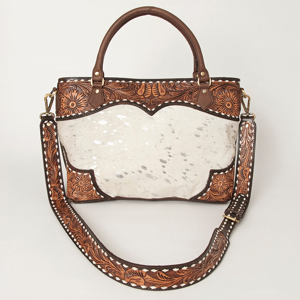 ADBGI141 Hand-Tooled Cowhide Leather Western Tote - Floral Tooled Hair-On Bag