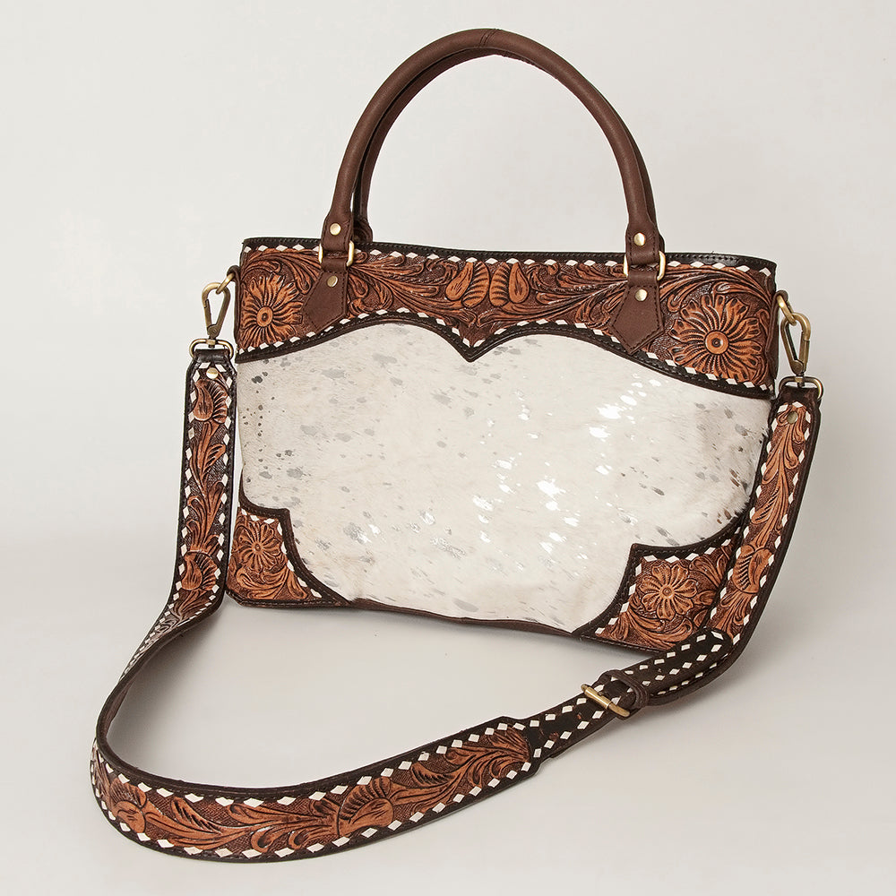 ADBGI141 Hand-Tooled Cowhide Leather Western Tote - Floral Tooled Hair-On Bag