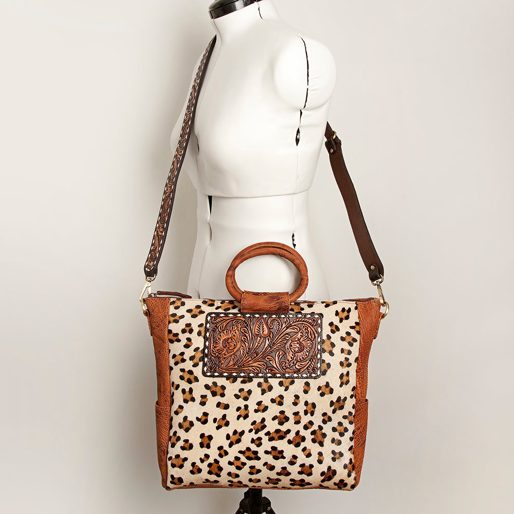 ADBGI143 Hair-On Hide Square Tote with Tooled Leather Patch - Western Cowgirl Bag