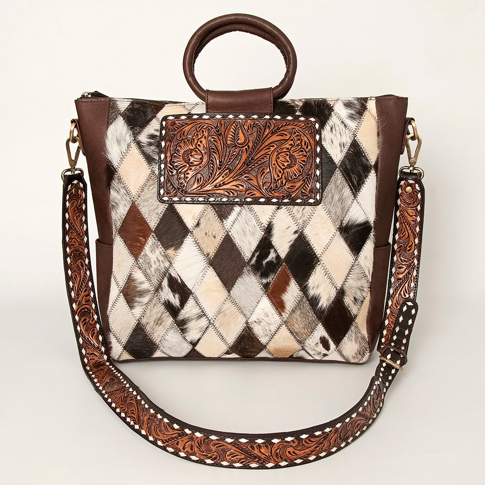 ADBGI143 Hair-On Hide Square Tote with Tooled Leather Patch - Western Cowgirl Bag