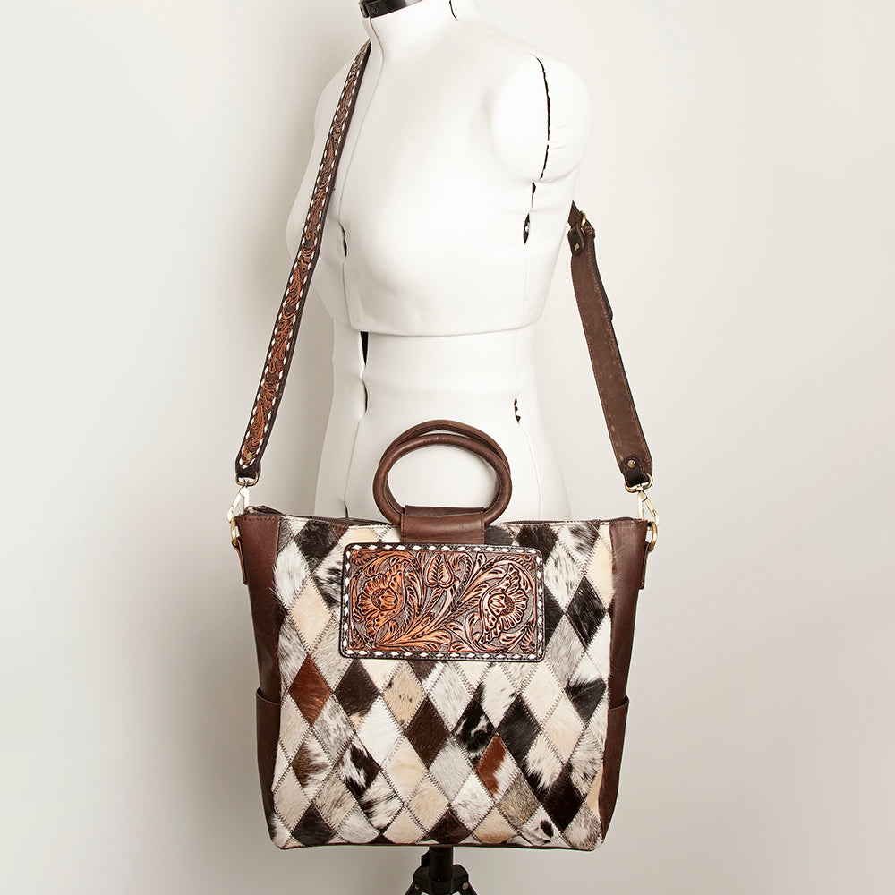 ADBGI143 Hair-On Hide Square Tote with Tooled Leather Patch - Western Cowgirl Bag