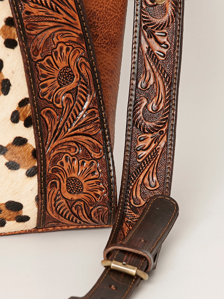 ADBGI146 Cowhide & Tooled Leather Western Tote - Genuine Hair-On Shoulder Bag