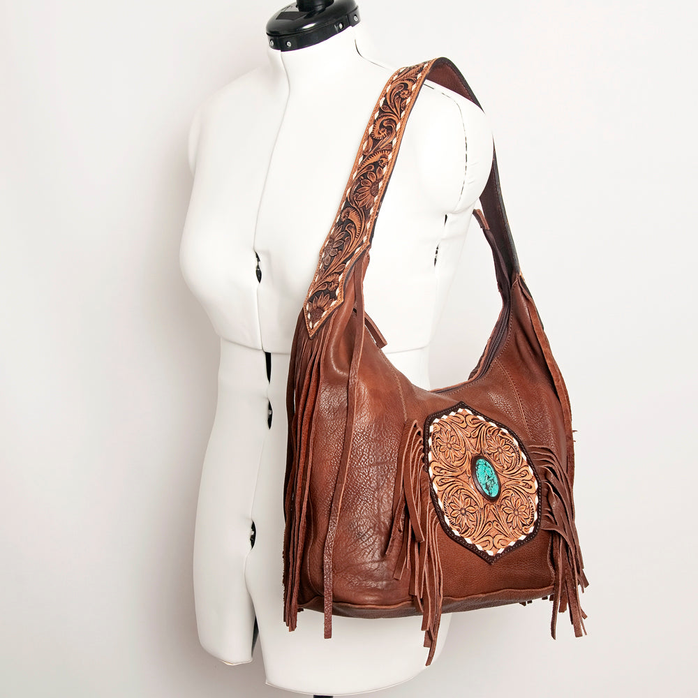 LC-ADBGA219 American Darling Hobo Bag Tooled Turquoise Medallion & Full Grain Leather with Fringe