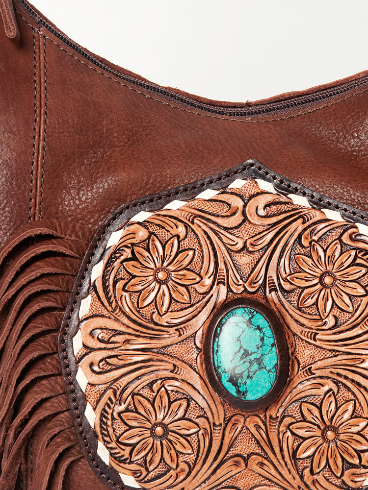 LC-ADBGA219 American Darling Hobo Bag Tooled Turquoise Medallion & Full Grain Leather with Fringe