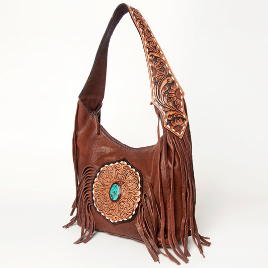 LC-ADBGA219 American Darling Hobo Bag Tooled Turquoise Medallion & Full Grain Leather with Fringe