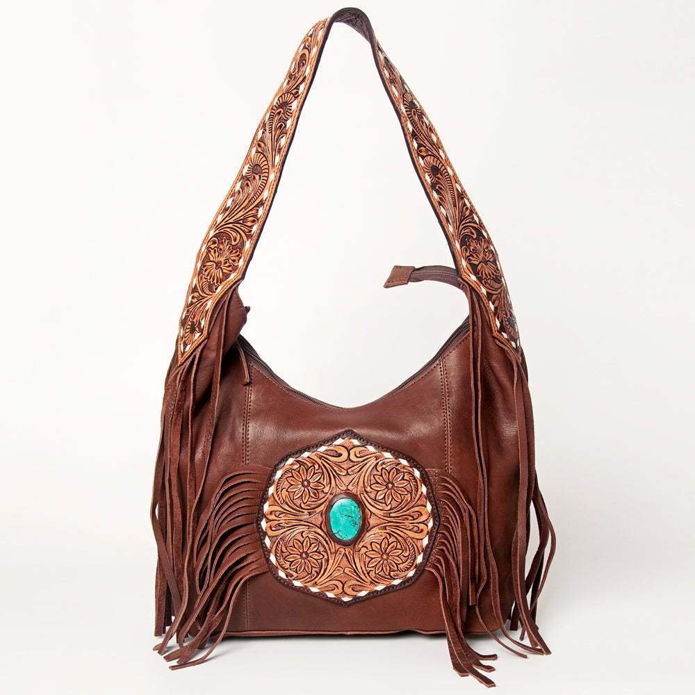 LC-ADBGA219 American Darling Hobo Bag Tooled Turquoise Medallion & Full Grain Leather with Fringe