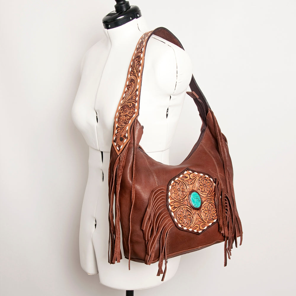 LC-ADBGA219 American Darling Hobo Bag Tooled Turquoise Medallion & Full Grain Leather with Fringe