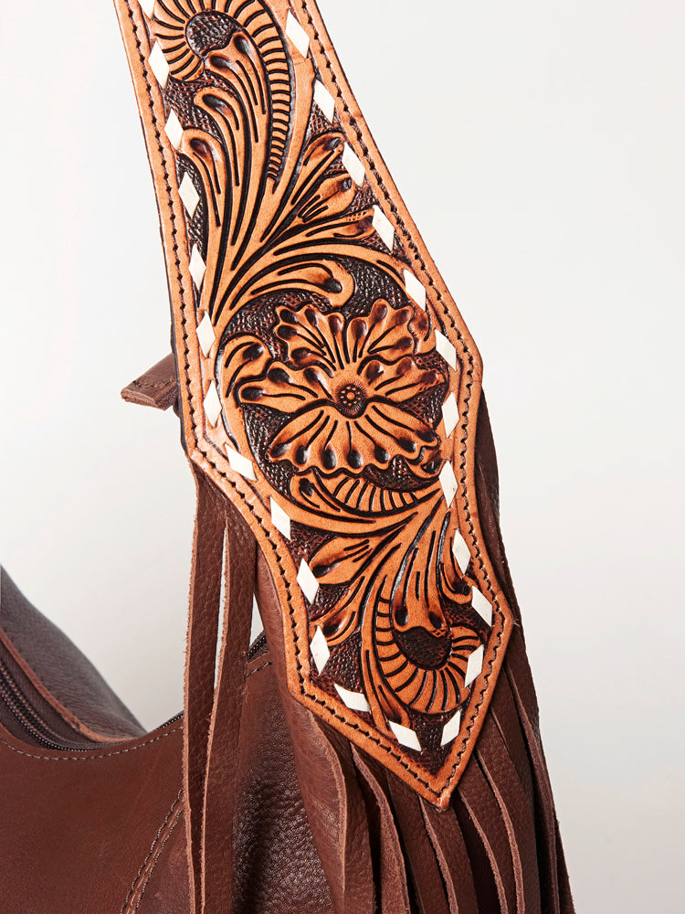 LC-ADBGA219 American Darling Hobo Bag Tooled Turquoise Medallion & Full Grain Leather with Fringe