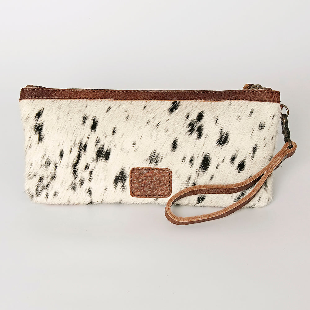 ADBG344 Hair-On Cowhide Wristlet with Tooled Leather Accent - Genuine Leather Western Clutch