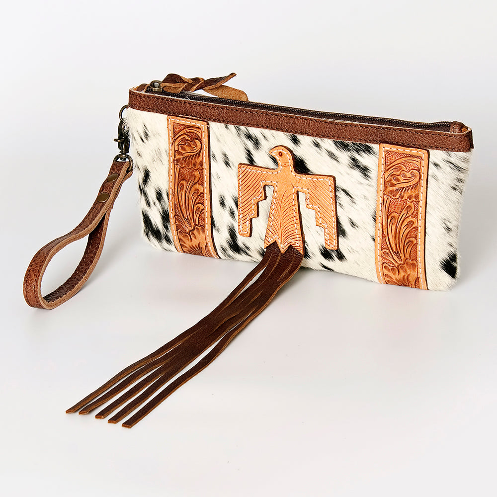 ADBG344 Hair-On Cowhide Wristlet with Tooled Leather Accent - Genuine Leather Western Clutch