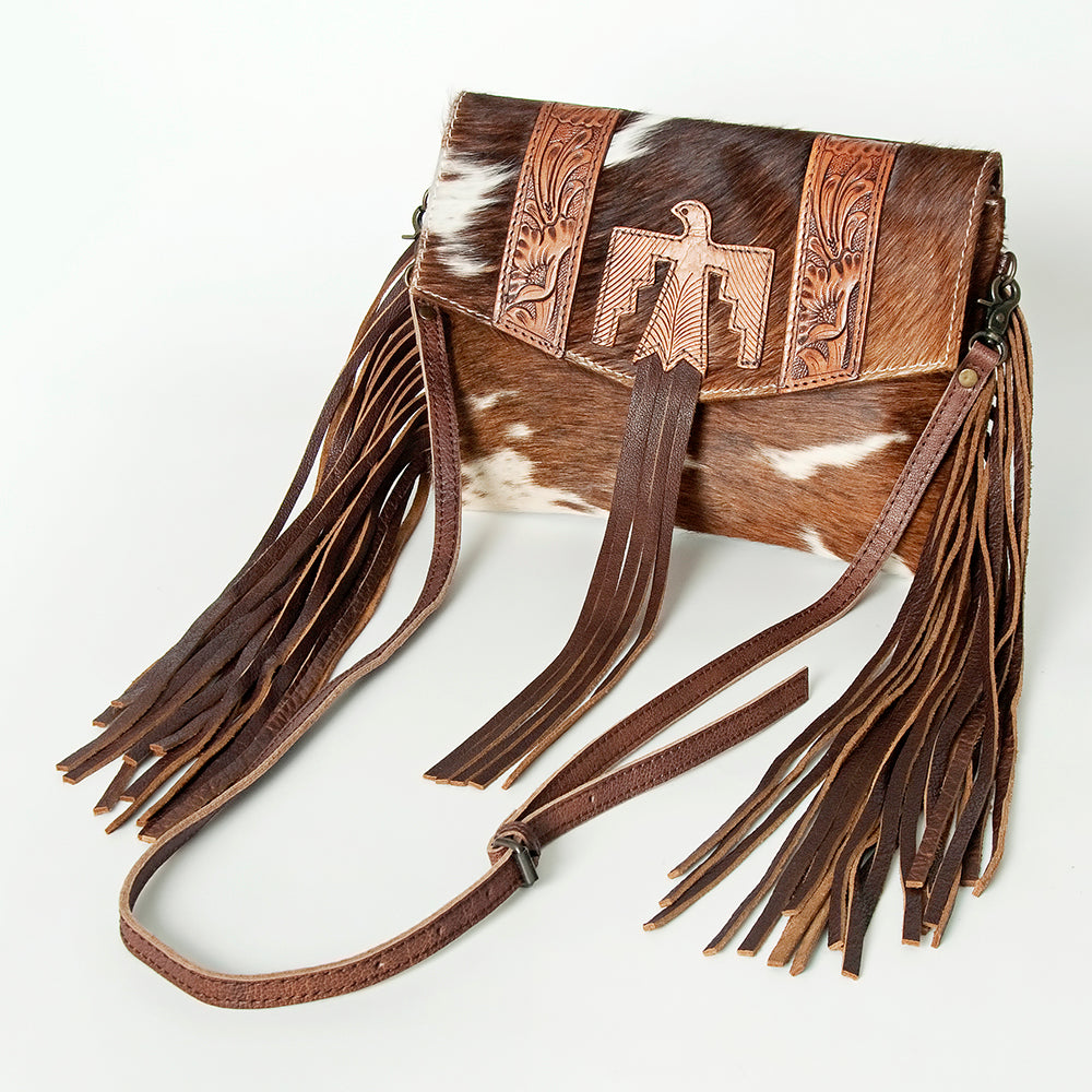 ADBGS178 Hand-Tooled Thunderbird Cowhide Envelope Bag with Fringe - Western Leather Purse