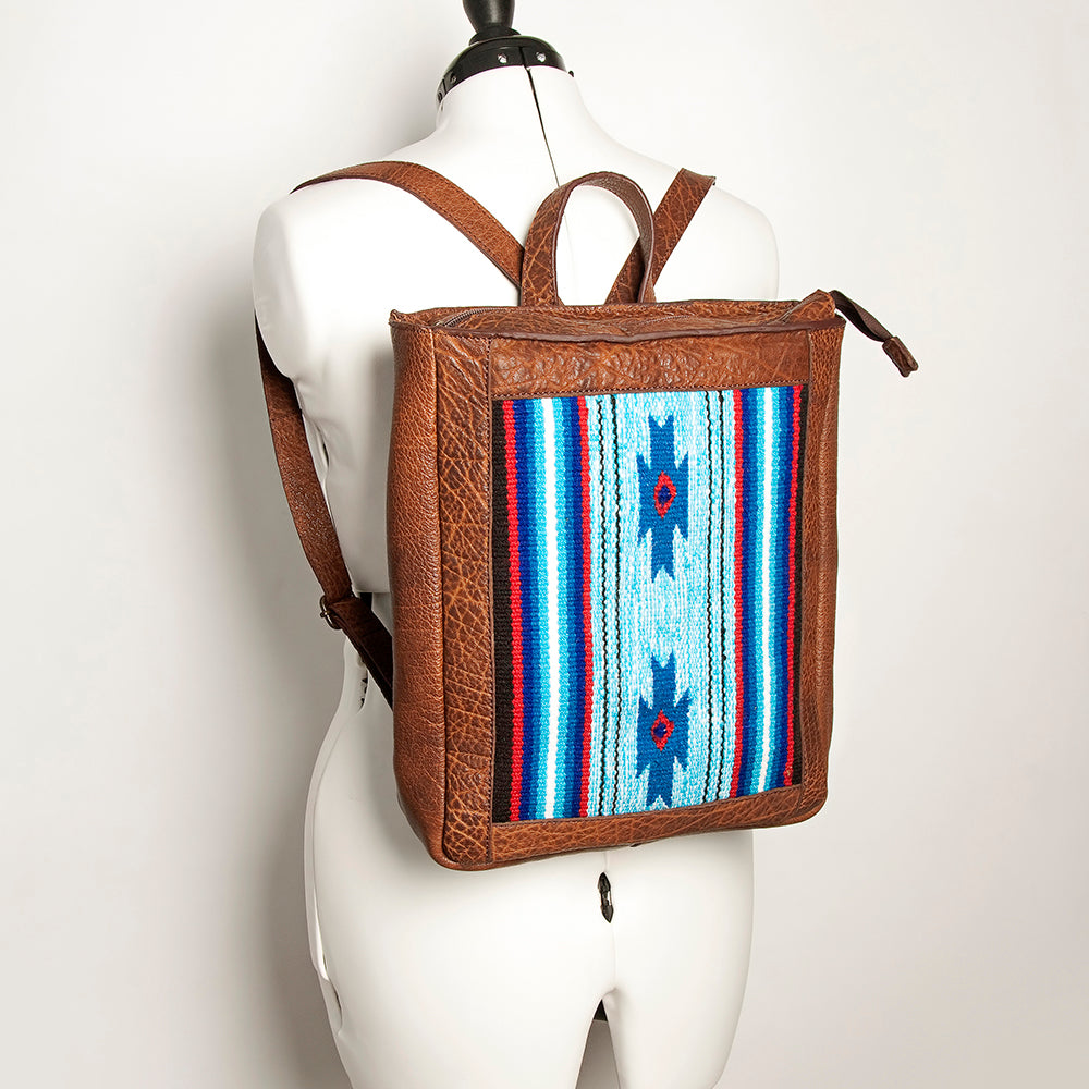 LC-ADBGZ307A Southwestern Wool & Leather Backpack - Turquoise, Blue, and Red Tribal Weave
