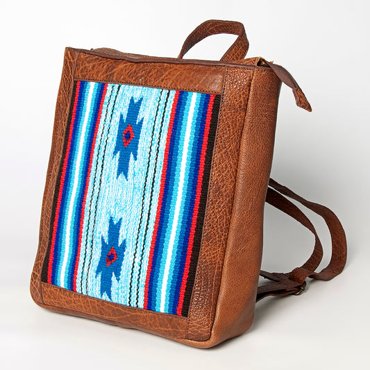 LC-ADBGZ307A Southwestern Wool & Leather Backpack - Turquoise, Blue, and Red Tribal Weave