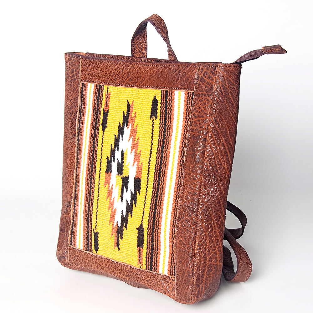 LC-ADBGZ307B Handmade Leather Backpack with Yellow Southwestern Wool Panel - Tribal Aztec Design