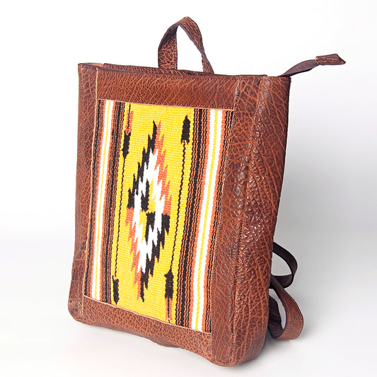 LC-ADBGZ307B Handmade Leather Backpack with Yellow Southwestern Wool Panel - Tribal Aztec Design