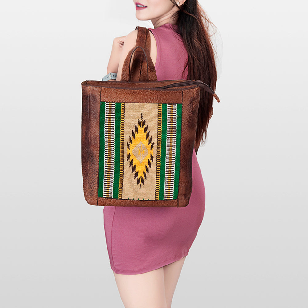 LC-ADBGZ307C Southwestern Wool & Leather Backpack - Yellow & Green Tribal Aztec Design