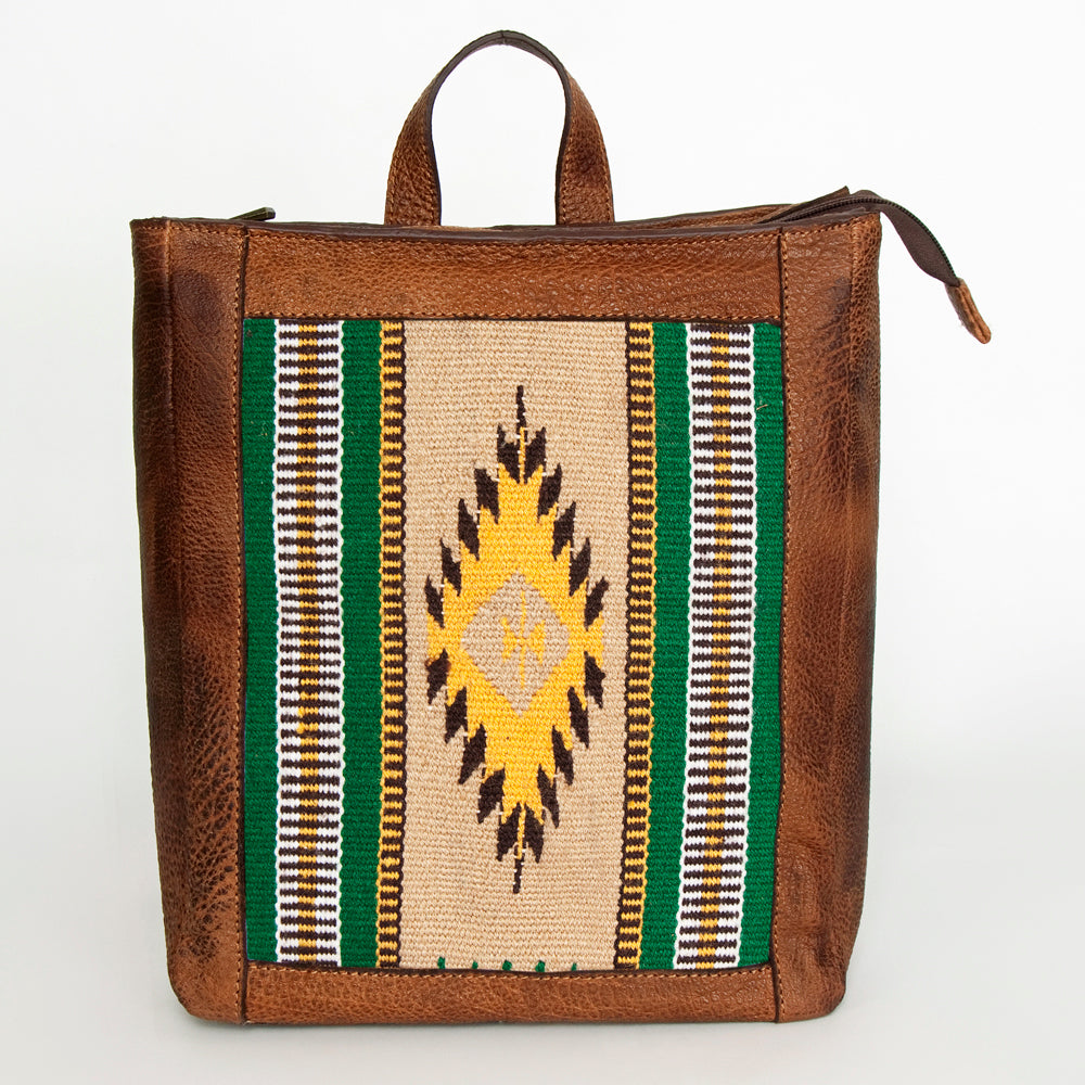 LC-ADBGZ307C Southwestern Wool & Leather Backpack - Yellow & Green Tribal Aztec Design