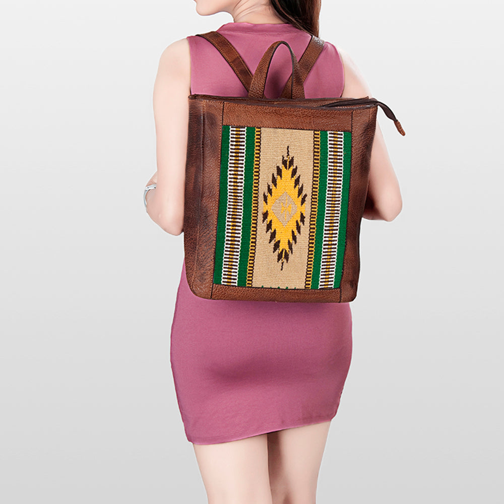 LC-ADBGZ307C Southwestern Wool & Leather Backpack - Yellow & Green Tribal Aztec Design