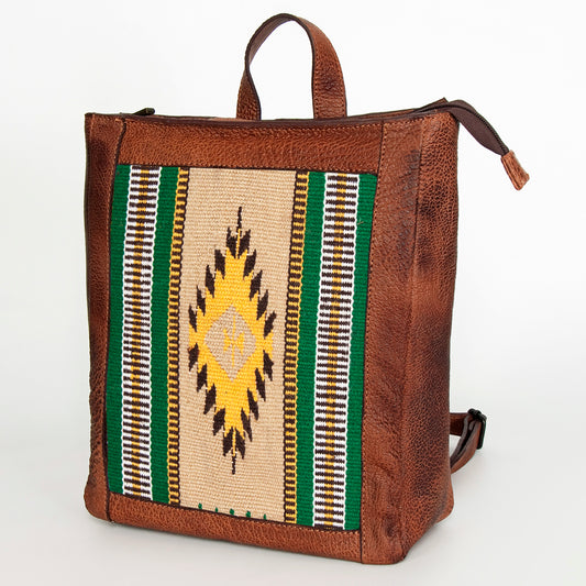 LC-ADBGZ307C Southwestern Wool & Leather Backpack - Yellow & Green Tribal Aztec Design