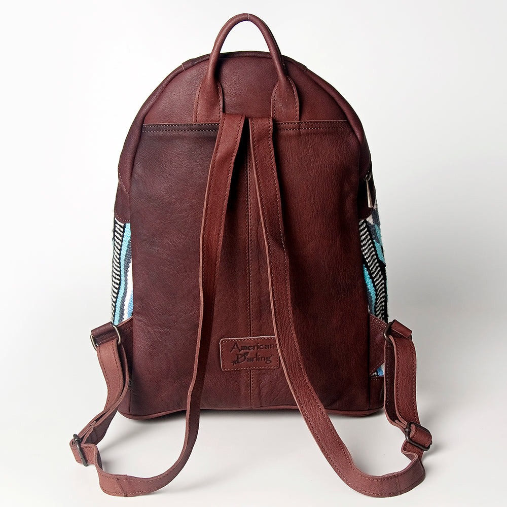 LC-ADBGZ376A Turquoise Southwestern Wool & Maroon Leather Backpack - Curved Body Western Bag