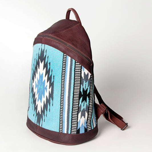 LC-ADBGZ376A Turquoise Southwestern Wool & Maroon Leather Backpack - Curved Body Western Bag
