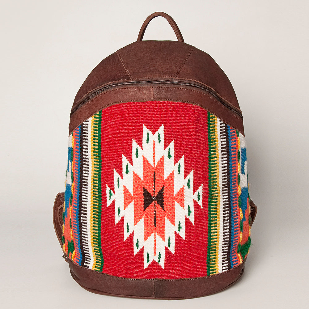 LC-ADBGZ376B Red Tribal Wool & Maroon Leather Backpack - Curved Body Western Daypack