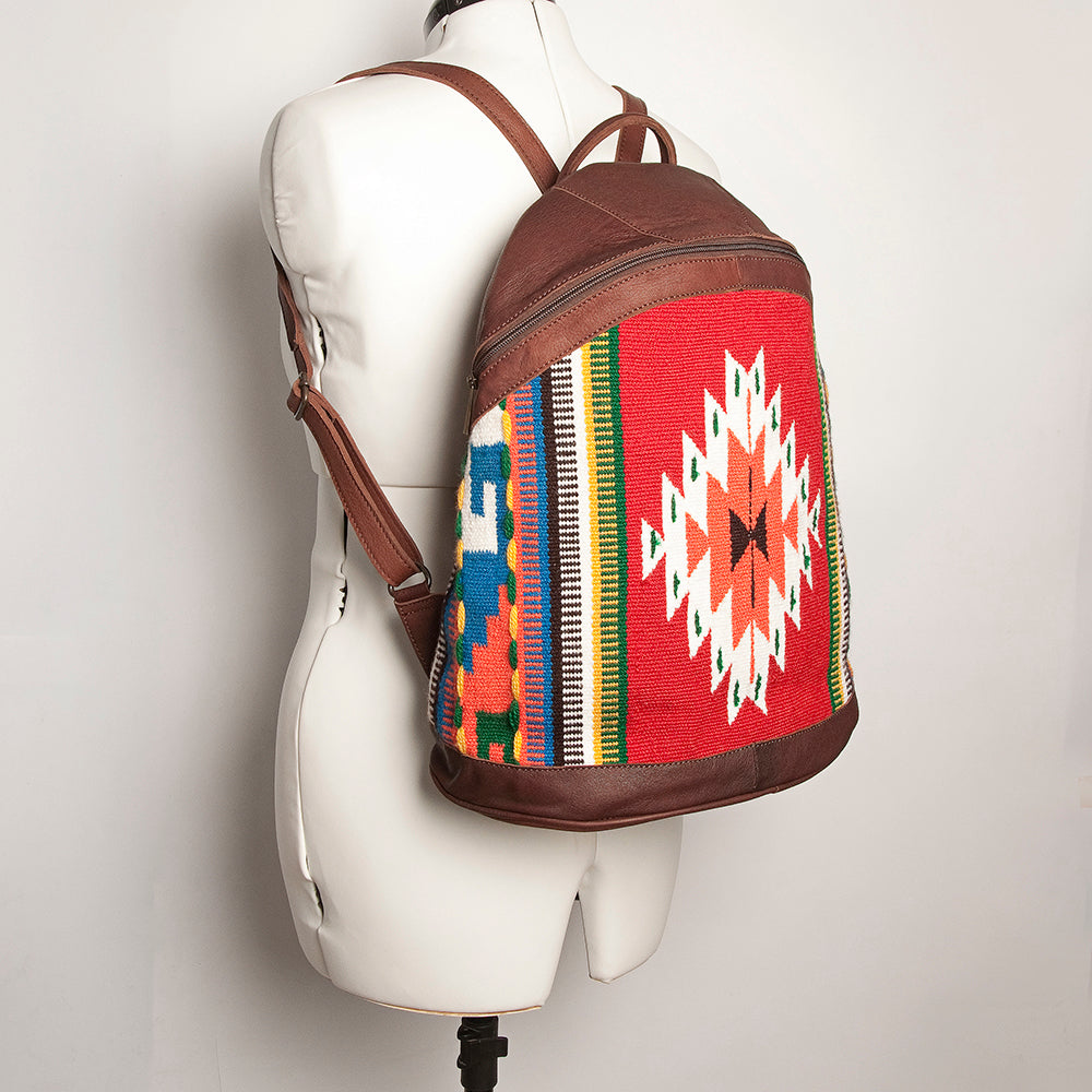 LC-ADBGZ376B Red Tribal Wool & Maroon Leather Backpack - Curved Body Western Daypack