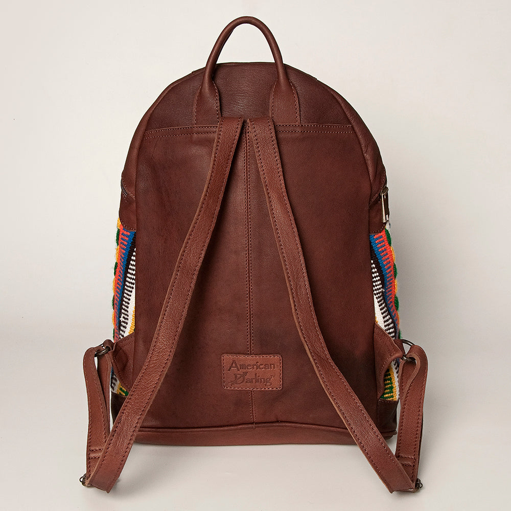 LC-ADBGZ376B Red Tribal Wool & Maroon Leather Backpack - Curved Body Western Daypack