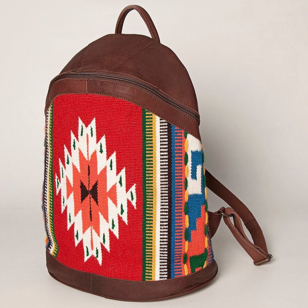 LC-ADBGZ376B Red Tribal Wool & Maroon Leather Backpack - Curved Body Western Daypack