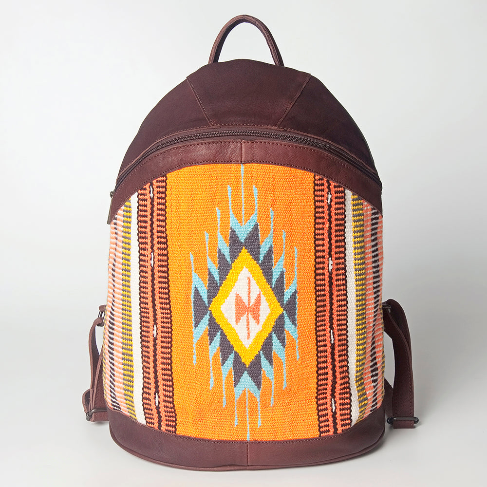 LC-ADBGZ376C Orange Southwestern Wool & Maroon Leather Backpack - Curved Body Tribal Daypack