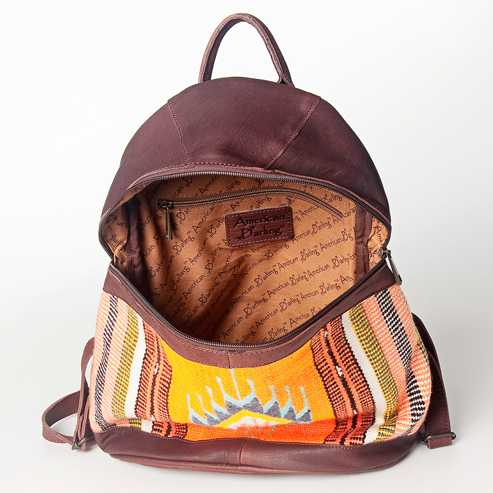 LC-ADBGZ376C Orange Southwestern Wool & Maroon Leather Backpack - Curved Body Tribal Daypack