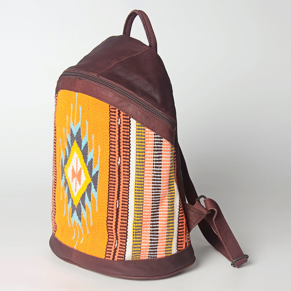 LC-ADBGZ376C Orange Southwestern Wool & Maroon Leather Backpack - Curved Body Tribal Daypack