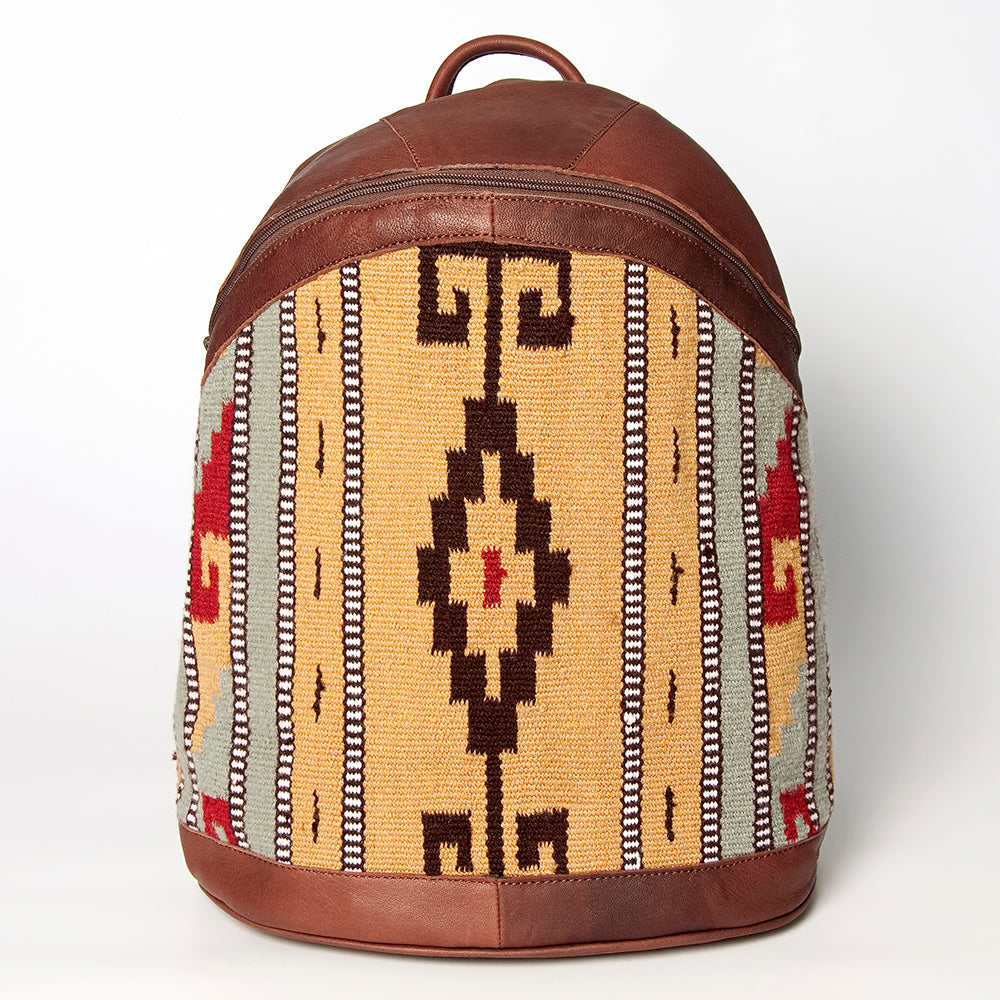 LC-ADBGZ376D Tan Tribal Wool & Brown Leather Backpack - Curved Body Western Aztec Daypack