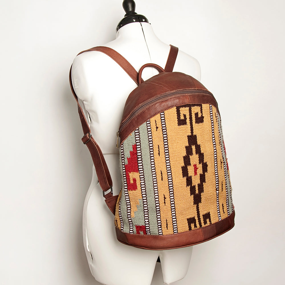LC-ADBGZ376D Tan Tribal Wool & Brown Leather Backpack - Curved Body Western Aztec Daypack