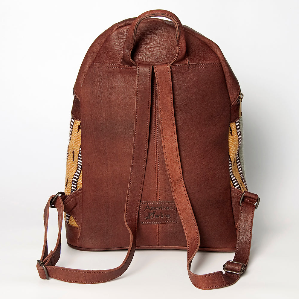 LC-ADBGZ376D Tan Tribal Wool & Brown Leather Backpack - Curved Body Western Aztec Daypack