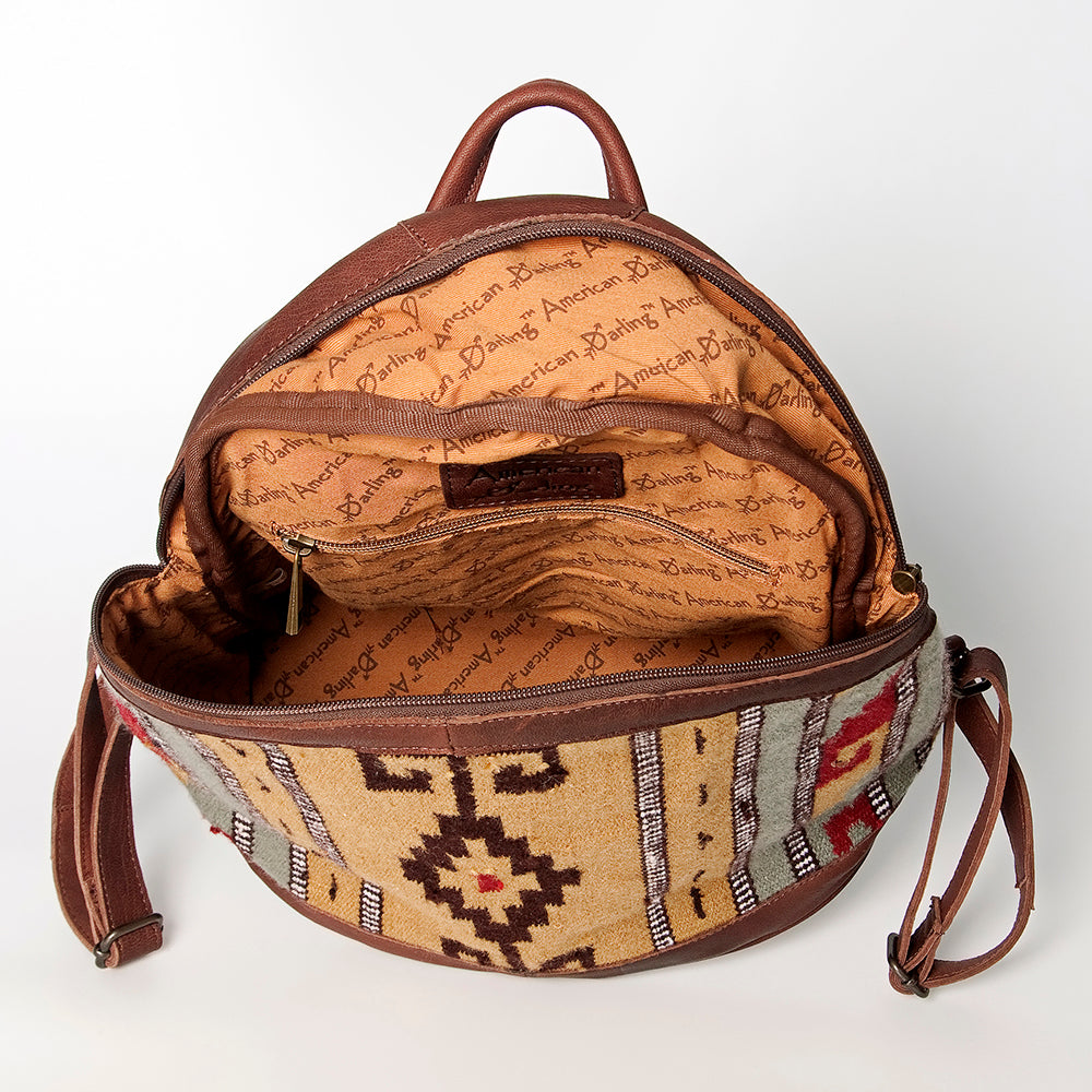 LC-ADBGZ376D Tan Tribal Wool & Brown Leather Backpack - Curved Body Western Aztec Daypack