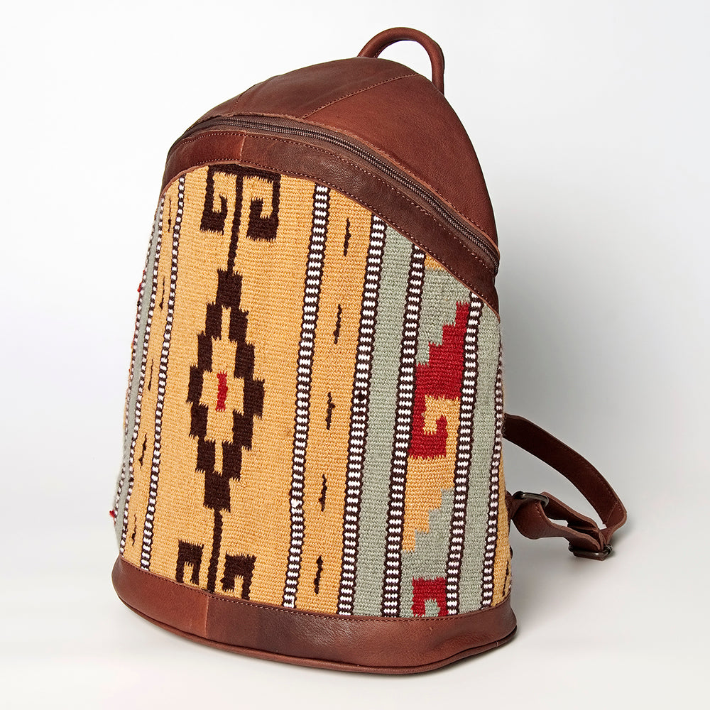 LC-ADBGZ376D Tan Tribal Wool & Brown Leather Backpack - Curved Body Western Aztec Daypack