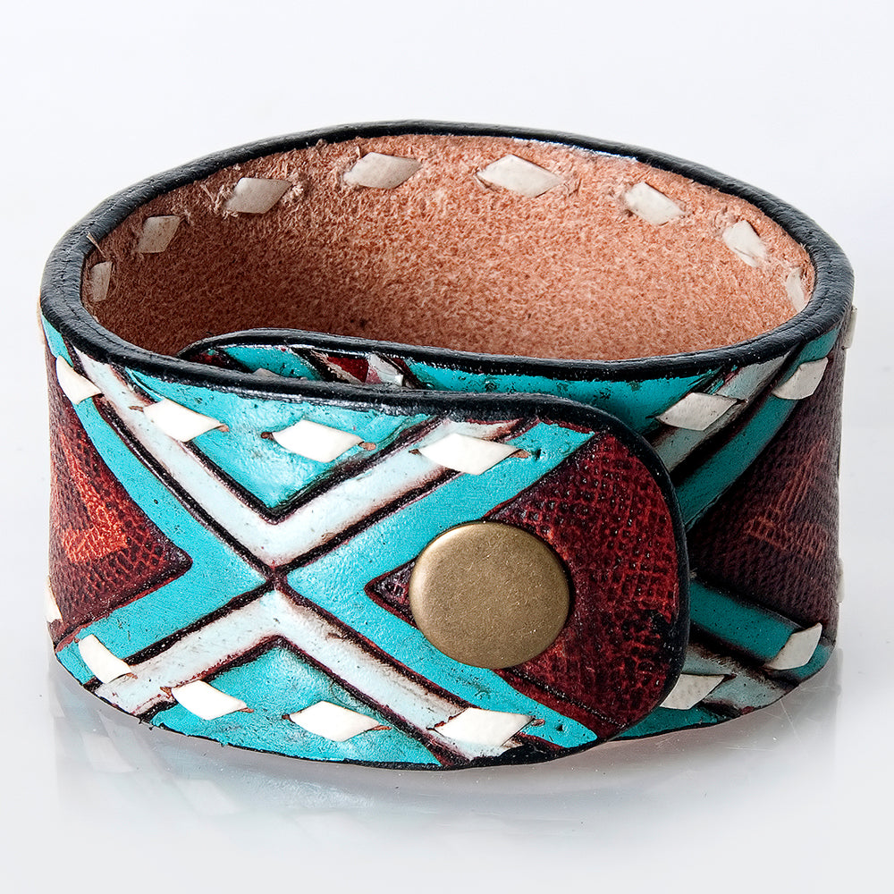 LC-ADBRF167 Tooled Leather Cuff Bracelet with White Whipstitch & Turquoise Accents - Western Snap Closure