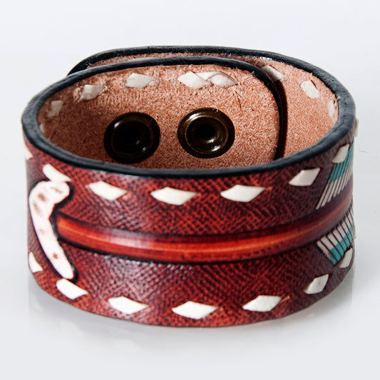 LC-ADBRF167 Tooled Leather Cuff Bracelet with White Whipstitch & Turquoise Accents - Western Snap Closure