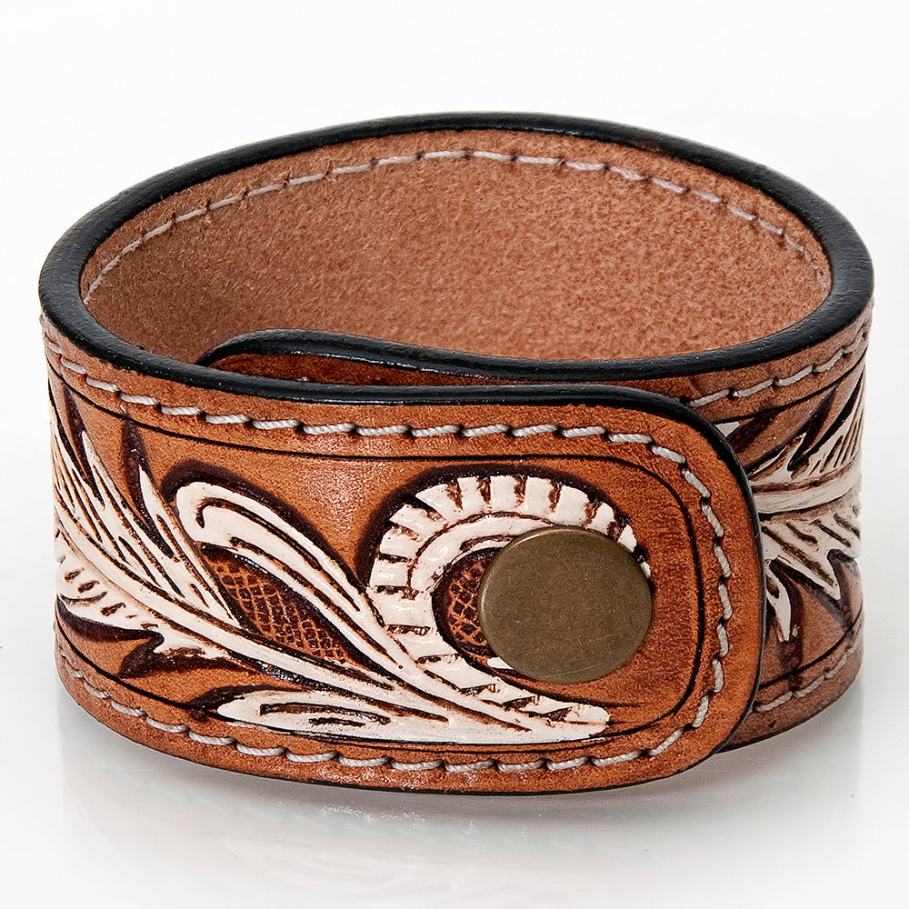 ADBRF169 Tooled Leather Cuff Bracelet - Turquoise & Cream Leaf Design with Snap Closure