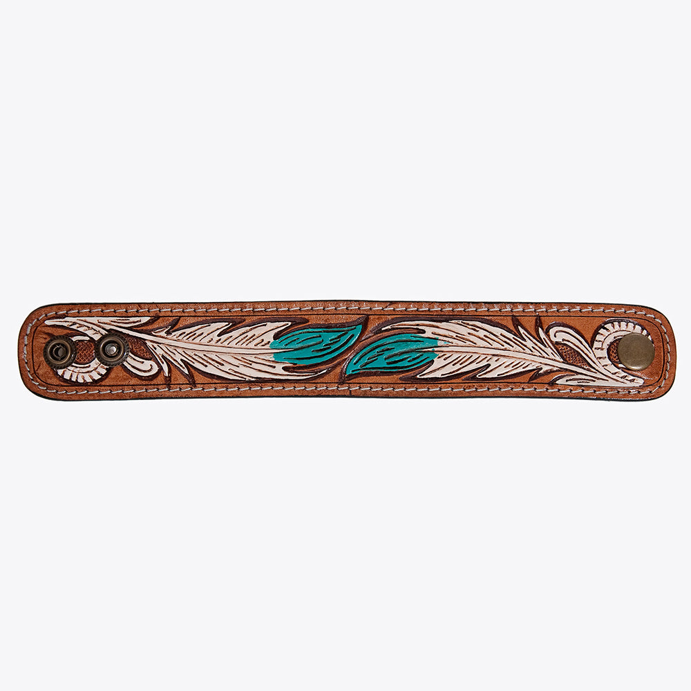 ADBRF169 Tooled Leather Cuff Bracelet - Turquoise & Cream Leaf Design with Snap Closure